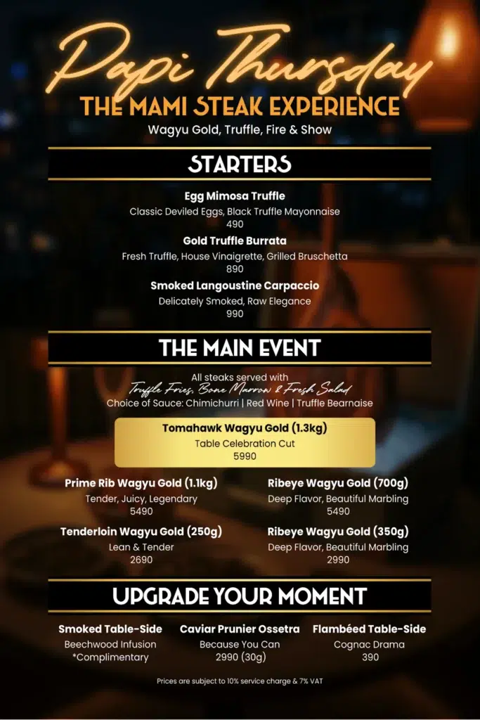 Menu of the Papi Thursday Event at Mami Rose